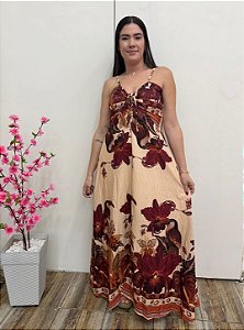 Vestido Tropical Amarração Bege/vinho