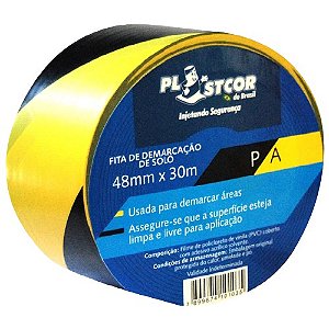 Fita/Adesivo de Demarcação de Solo Preto/Amarelo 48Mm X 30Mts - Plastcor