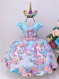 Vestido Infantil Unicórnio Arco Iris Cinto de Pérolas Festa  Luxo RO0734AZ