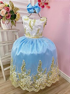 Vestido Infantil Branco Com Azul e Renda Realeza Daminhas RO2227BZ