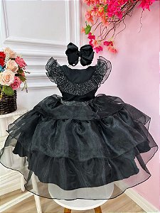Vestido Infantil Preto Com Cinto de Strass Luxo Festa RO4048PT