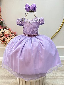 Vestido Infantil Lilás com  Renda e Pérolas Festas Daminhas Luxo Festa