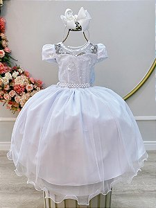 Vestido Infantil Branco com Renda e Pérolas Festas Daminhas Luxo Festa
