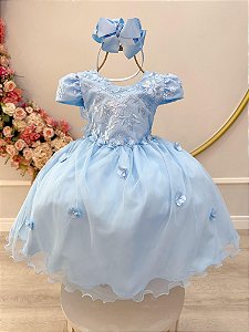 Vestido Infantil Azul com Renda Jardim Encantado Festas Luxo RO4610AN