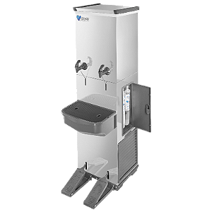 Bebedouro Industrial 50L RESIST em Inox - SEM contato manual, com 2 torneiras (1 natural) Capacidade de 50 Litros no reservatório. Atende até 60 pessoas/hora. 02 torneiras em p.p injetado, alta resistência e maior vazão. Aparador de água frontal p.p in