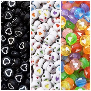 Kit 300 Miçangas de Coração - 3 cores para montagem de bijuterias e acessórios - 7mm x 4mm