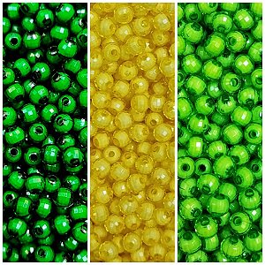 Kit 300 Pérolas Miçangas Sextavadas 6 mm Facetada 3 Cores Verde Bandeira Amarelo e Verde Médio