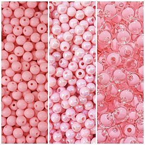 300 Miçangas Pérolas Trio 6mm e 8mm Cor Rosa e Fio de Silicone p/ Artesanato em Geral