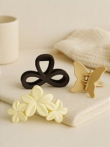 Kit com 3 presilhas grande prendedor de cabelo piranha grampo blogueira cor Bege