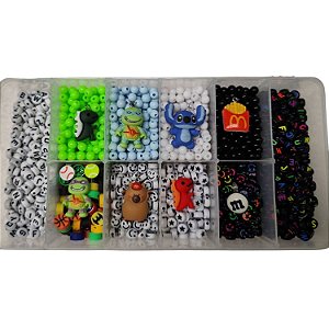Kit Miçangas 1.758 pçs p/ montar Bijuteria Infantil c/ Fio e Organizador Pulseira Colar Artesanato