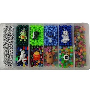 Kit Miçangas 2.058 pçs p/ montar Bijuteria Infantil c/ Fio e Organizador Pulseira Colar Artesanato