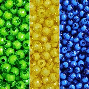Miçangas Trio Sextavada 8mm Kit 600pçs Verde Amarelo e Azul p/ Criar Pulseiras e Bijuterias Torcida Diy