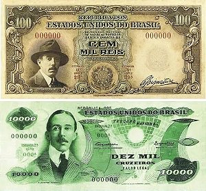 Ensaio Cédula 10 Mil Cruzeiros e 100 Mil Reis - Santos Dumont