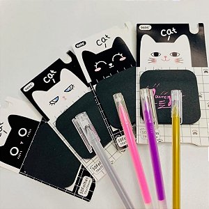 Kit Bloco Adesivo Gatinho Preto com Caneta em Gel