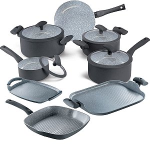 Jogo de Panelas Hercules Revestimento Ceramico Indução 8 Peças Antiaderente Cinza