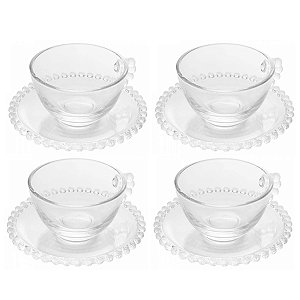 Conjunto 4 Xícaras de Chá Wolff Cristal c/Pires Pearl 180ml