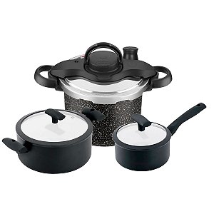 Kit Panela e Caçarola Antiaderente Cerâmico + Panela de Pressão Fechamento Externo Preto