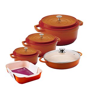 Kit Conjunto Caçarola e Assadeira Hercules Revestimento Ceramico Indução Laranja 3L + 4,3L + 6,8L + 3,5L