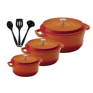 Kit Conjunto Caçarola Hercules Revestimento Ceramico Indução Laranja 2,4L + 4,3L + 6,8L + Utensilios De Silicone