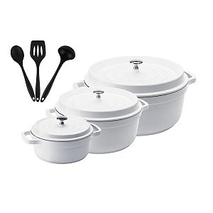 Kit Conjunto Caçarola Hercules Revestimento Ceramico Indução Branca 2,4L + 4,3L + 6,8L + Utensilios De Silicone