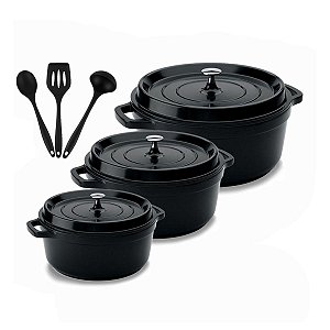 Kit Conjunto Caçarola Hercules Revestimento Ceramico Indução Preto 2,4L + 4,3L + 6,8L + Utensilios De Silicone