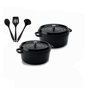 Kit Conjunto Caçarola Hercules Revestimento Ceramico Indução Preta 2,4L + 2,4L + Utensilios De Silicone