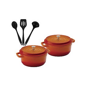 Kit Conjunto Caçarola Hercules Revestimento Ceramico Indução Laranja 2,4L + 2,4L + Utensilios De Silicone