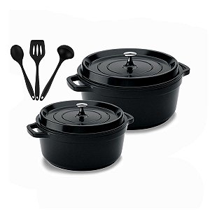 Kit Conjunto Caçarola Hercules Revestimento Ceramico Indução Preta 4,3L + 6,8L + Utensilios De Silicone
