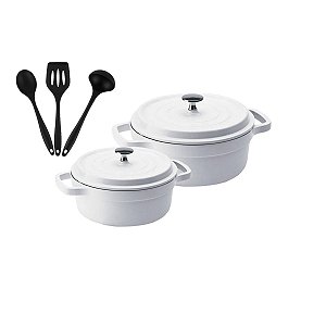 Kit Conjunto Caçarola Hercules Revestimento Ceramico Indução Branca 4,3L + 6,8L + Utensilios De Silicone