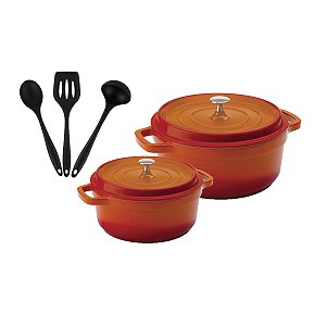 Kit Conjunto Caçarola Hercules Revestimento Ceramico Indução Laranja 4,3L + 6,8L + Utensilios De Silicone
