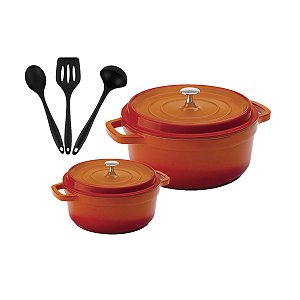 Kit Conjunto Caçarola Hercules Revestimento Ceramico Indução Laranja 2,4L + 6,8L + Utensilios De Silicone