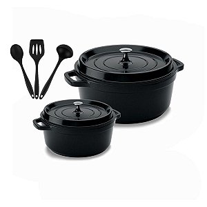 Kit Conjunto Caçarola Hercules Revestimento Ceramico Indução Preto 2,4L + 6,8L + Utensilios De Silicone