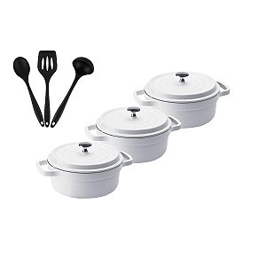 Kit Conjunto Caçarola Hercules Revestimento Ceramico Indução Branca 2,4L + 2,4L + 2,4L + Utensilios De Silicone