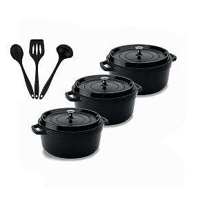 Kit Conjunto Caçarola Hercules Revestimento Ceramico Indução Preta 2,4L + 2,4L + 2,4L + Utensilios De Silicone
