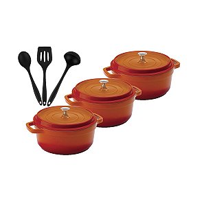 Kit Conjunto Caçarola Hercules Revestimento Ceramico Indução Laranja 2,4L + 2,4L + 2,4L + Utensilios De Silicone