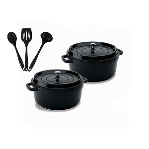 Kit Conjunto Caçarola Hercules Revestimento Ceramico Indução Preta 4,3L + 4,3L + Utensilios De Silicone