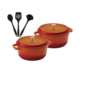 Kit Conjunto Caçarola Hercules Revestimento Ceramico Indução Laranja 4,3L + 4,3L + Utensilios De Silicone