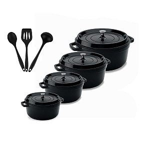 Kit Conjunto Caçarola Hercules Revestimento Ceramico Indução Preto 1,4L + 2,4L + 4,3L + 6,8L + Utensilios De Silicone