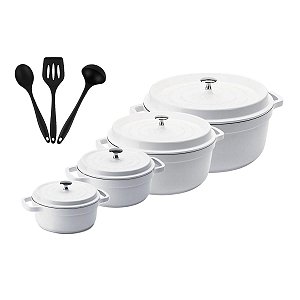 Kit Conjunto Caçarola Hercules Revestimento Ceramico Indução Branca 1,4L + 2,4L + 4,3L + 6,8L + Utensilios De Silicone