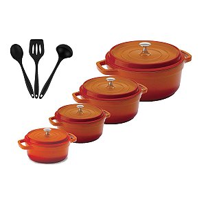 Kit Conjunto Caçarola Hercules Revestimento Ceramico Indução Laranja 1,4L + 2,4L + 4,3L + 6,8L + Utensilios De Silicone