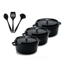 Kit Conjunto Caçarola Hercules Revestimento Ceramico Indução Preta 6,8L + 6,8L + 6,8L + Utensilios De Silicone