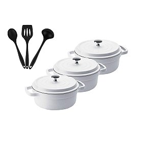 Kit Conjunto Caçarola Hercules Revestimento Ceramico Indução Branca 6,8L + 6,8L + 6,8L + Utensilios De Silicone