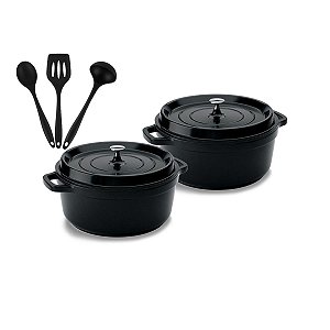 Kit Conjunto Caçarola Hercules Revestimento Ceramico Indução Preta 6,8L + 6,8L + Utensilios De Silicone