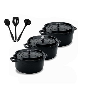 Kit Conjunto Caçarola Hercules Revestimento Ceramico Indução Preta 4,3L + 4,3L + 4,3L + Utensilios De Silicone