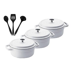 Kit Conjunto Caçarola Hercules Revestimento Ceramico Indução Branca 4,3L + 4,3L + 4,3L + Utensilios De Silicone
