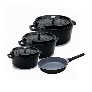 Kit Conjunto Caçarola e Frigideira Hercules Revestimento Ceramico Indução Preta 2,4L + 4,3L + 6,8L + 3L
