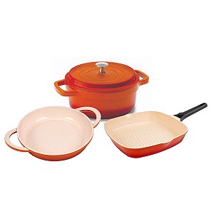 Kit Caçarola Com Assadeira e Frigideira Hercules Antiaderente Ceramico Laranja Pequena PA9000