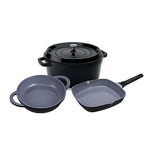 Kit Caçarola Com Assadeira e Frigideira Hercules Antiaderente Ceramico Preta Pequena PA9000