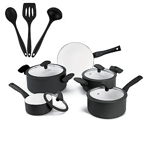 Jogo de Panelas Hercules Revestimento Ceramico Indução 5 Peças Antiaderente Preto + Utensilios