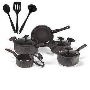Jogo de Panelas Hercules Revestimento Ceramico Indução 5 Peças Antiaderente Marrom + Utensilios